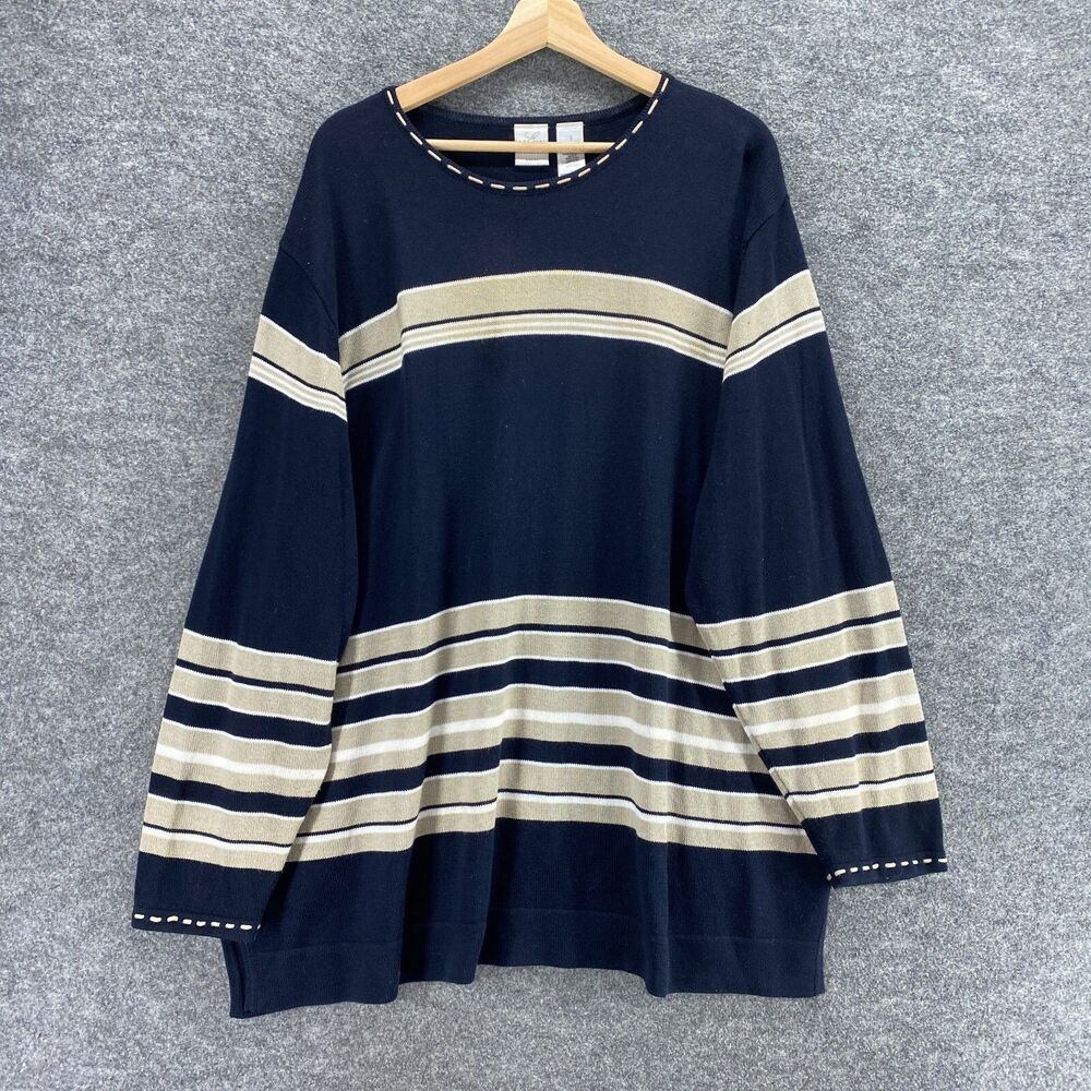 Emma James Sweater Pullover Women 3 Blue Striped Crew Neck Long Sleeve Knit
